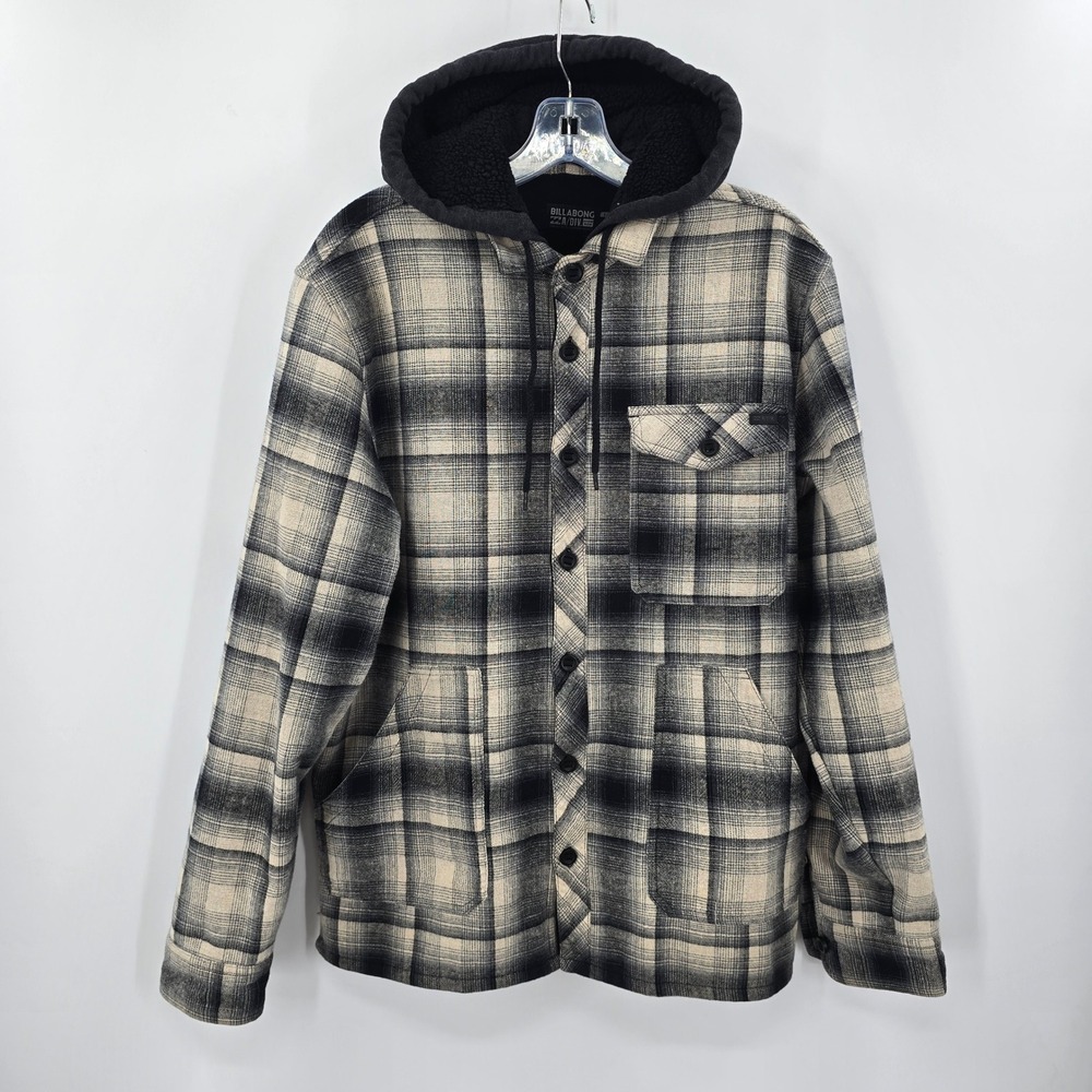 Billabong Mens Adventure Division Plaid Hooded Flannel Shirt Jacket Black M